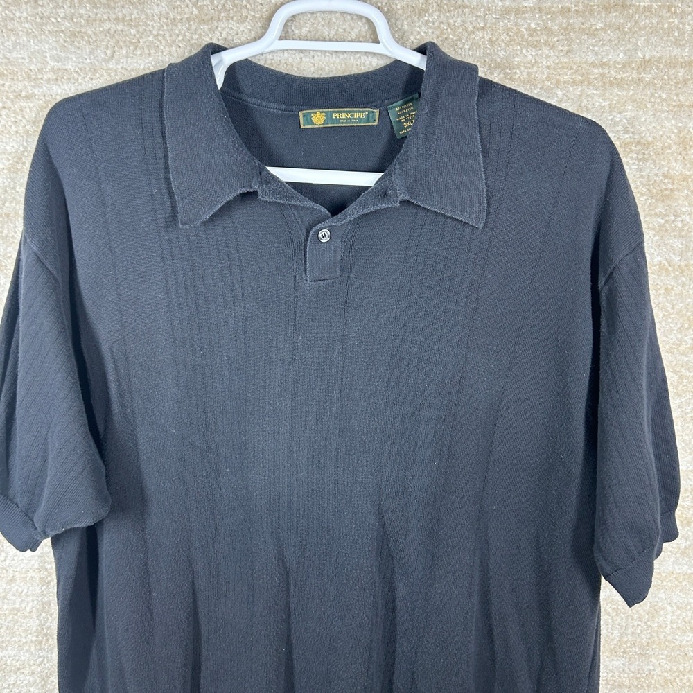 Principe Mens Classic Ribbed Knit Polo Shirt Black 3XLT Made in Italy Tall